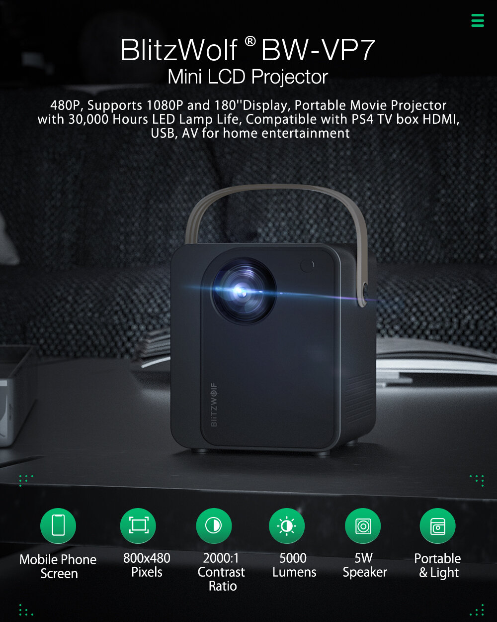 BlitzWolf BW-VP7 5000 Lux Mini LED Wifi Projector Wireless Screen Mirroring 1080P